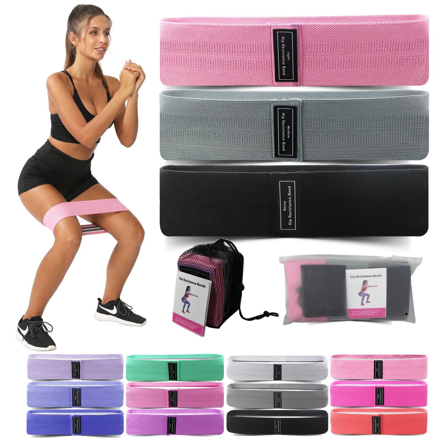 Fabric Resistance Bands Set - 3 Levels Non-Slip Hip Bands for Strength Training
