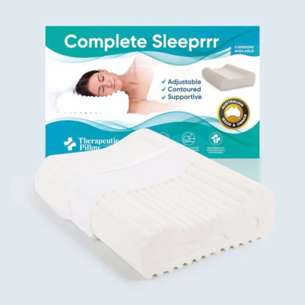 Complete Sleeprrr therapeutic pillow packaging with a woman sleeping on it.