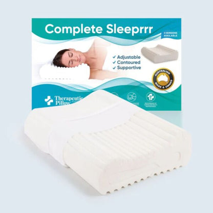 Complete Sleeprrr therapeutic pillow packaging with a woman sleeping on it.